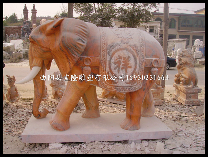 晚霞红石雕大象门口招财摆件石雕母子象