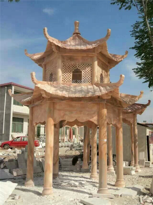晚霞红石雕凉亭双层六角亭子石头雕刻凉亭 