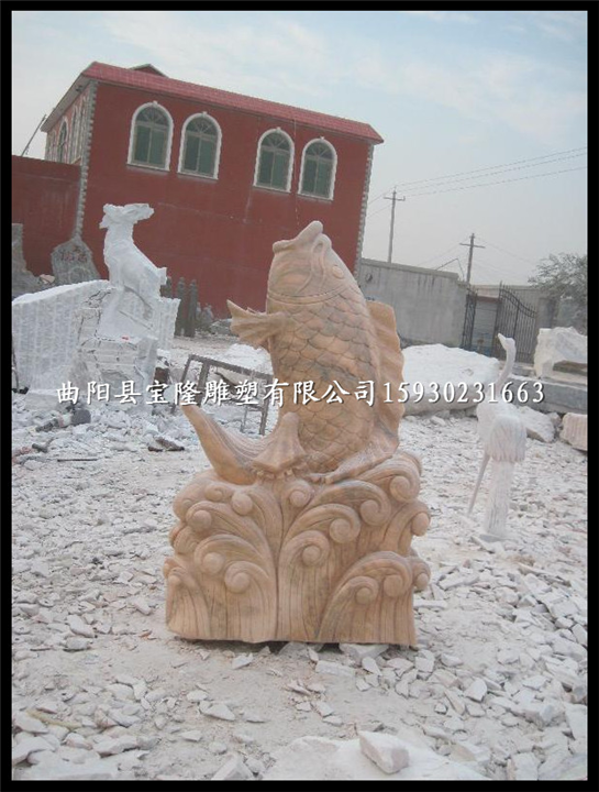 晚霞红喷水鱼大理石雕刻鱼石雕鲤鱼吐水鱼