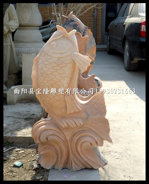 晚霞红石雕鱼大理石喷水鱼石雕鲤鱼庭院摆件