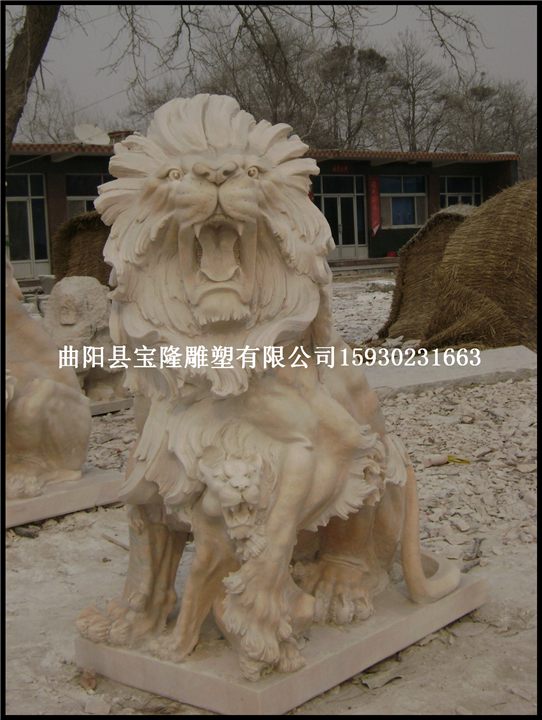 晚霞红蹲狮子大理石现代狮子石雕狮子曲阳石雕