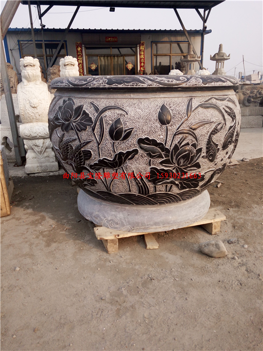 仿古石雕鱼缸青石做旧花盆圆形养鱼池