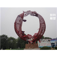 不锈钢鱼群雕塑，竞相追逐，生动有趣