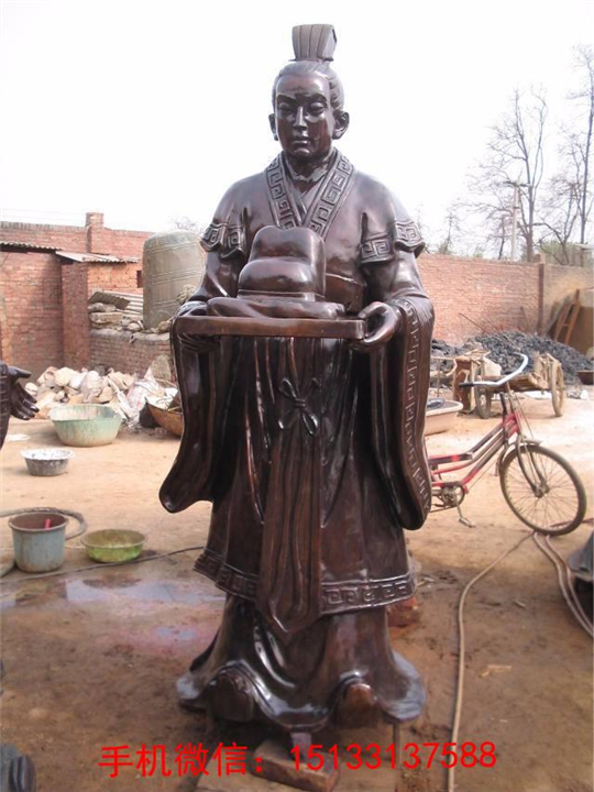 古代官员铜雕，手拖乌纱帽雕塑