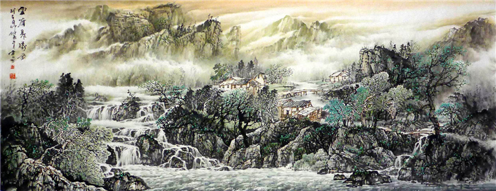 中山公司墙会议室山水画墙绘墙画壁画涂鸦