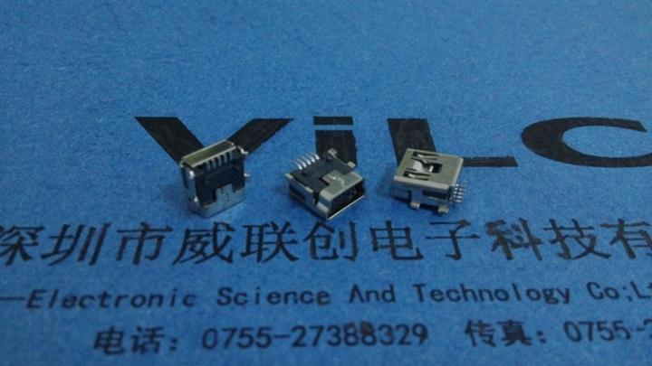 短体式MINI/5P/USB+四脚小脚全贴片+带塑胶柱SMT双弹片 